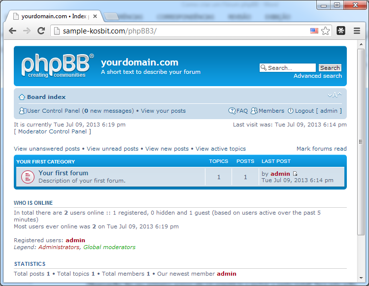Tela inicial do fórum phpBB instalado